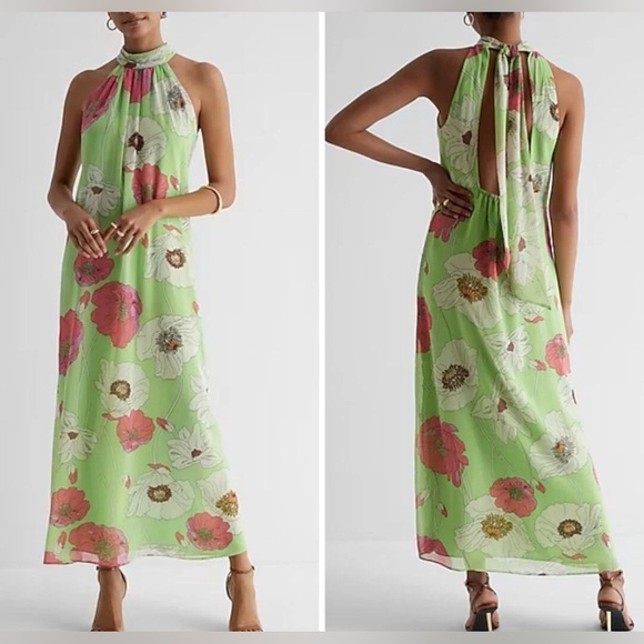 Rare Express Green Floral Print Tie Halter Neck Open Back Maxi Dress, size M - Picture 1 of 6